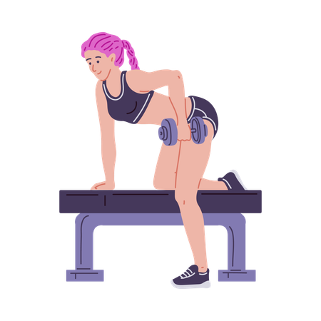 Junge Frau mit rosa Haaren hält Hanteln im Fitnessstudio  Illustration