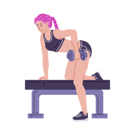 Junge Frau mit rosa Haaren hält Hanteln im Fitnessstudio  Illustration