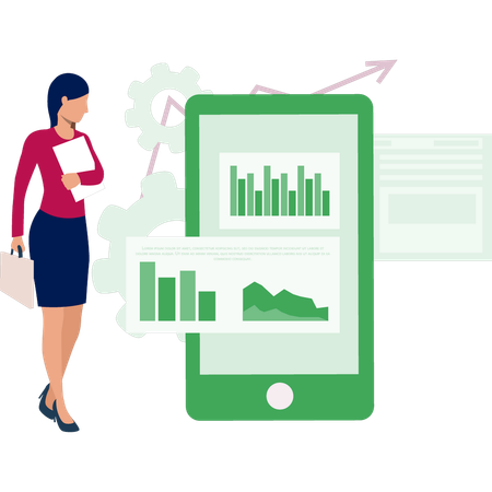 Junge Frau mit Tasche schaut auf Handy auf Diagramm  Illustration