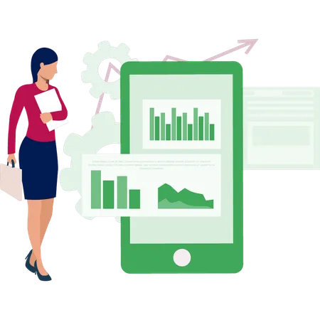 Junge Frau mit Tasche schaut auf Handy auf Diagramm  Illustration