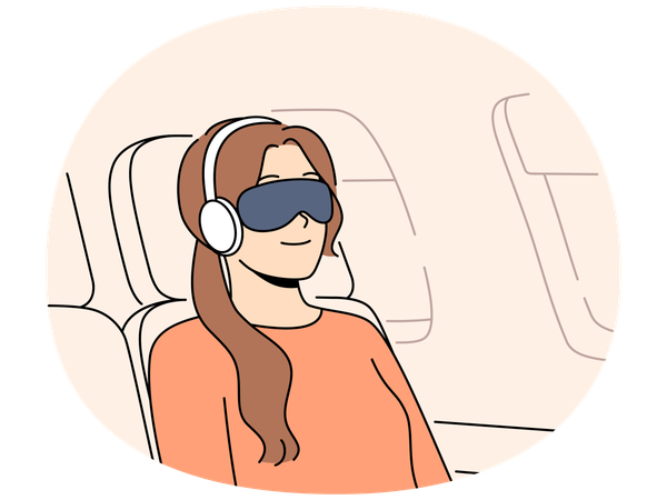 Junge Frau Passagierflug mit Augenbinde und Kopfhörer schläft im Flugzeugstuhl  Illustration