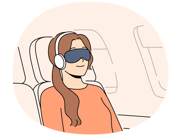 Junge Frau Passagierflug mit Augenbinde und Kopfhörer schläft im Flugzeugstuhl  Illustration