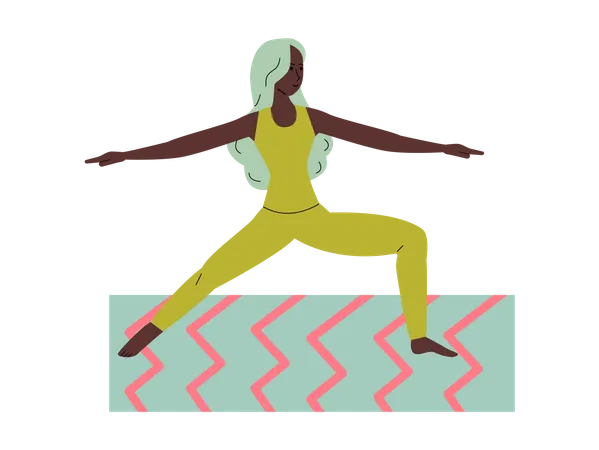 Junge Frau praktiziert Yoga auf bunter Matte  Illustration