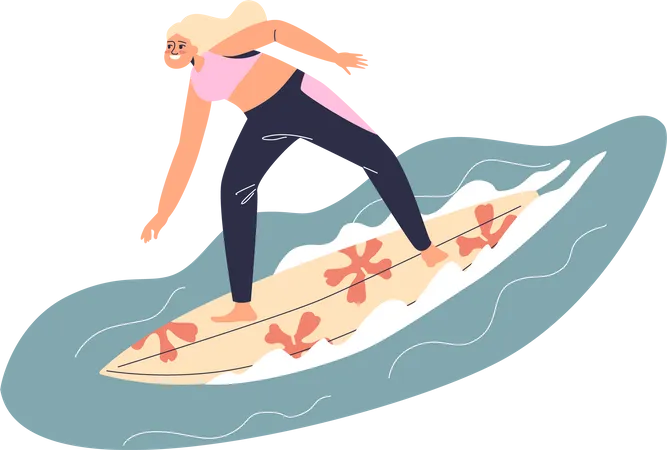 Junge Frau reitet Surfbrett  Illustration