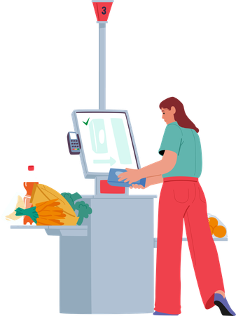 Junge Frau scannt Waren zum Bezahlen an elektronischen Self-Checkout-Automaten im Supermarkt  Illustration