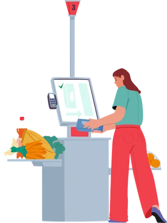 Junge Frau scannt Waren zum Bezahlen an elektronischen Self-Checkout-Automaten im Supermarkt  Illustration