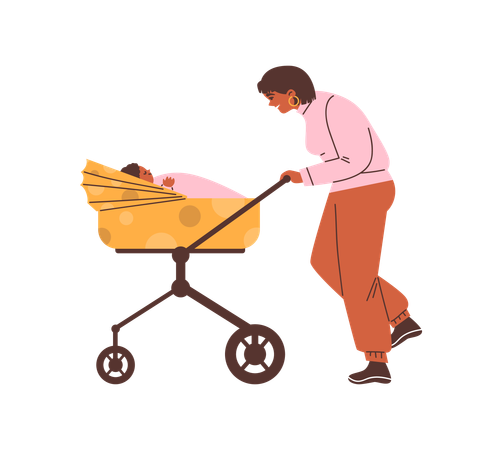 Junge Frau schaukelt schlafendes Baby im Kinderwagen  Illustration