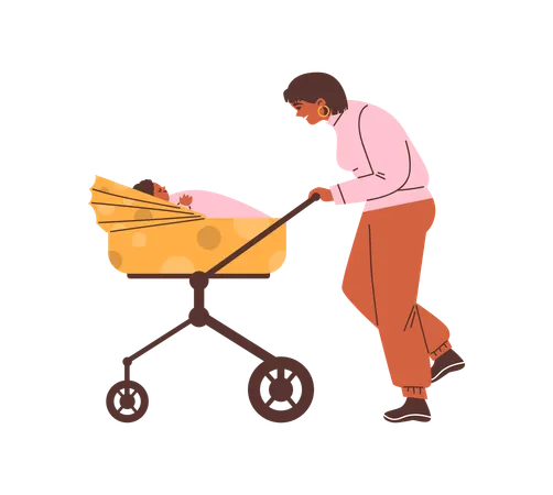 Junge Frau schaukelt schlafendes Baby im Kinderwagen  Illustration