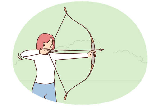 Junge Frau schießt mit Bogen im Freien  Illustration