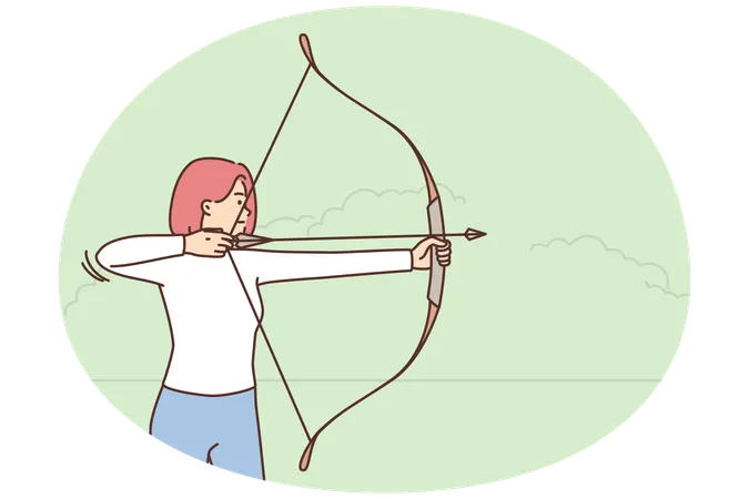 Junge Frau schießt mit Bogen im Freien  Illustration
