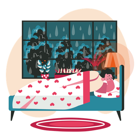 Junge Frau schläft auf dem Bett  Illustration