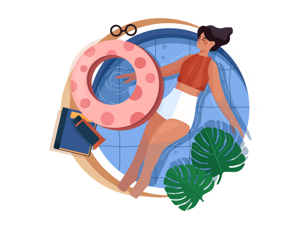 Junge Frau schwimmt Rückenschwimmen im heimischen Pool  Illustration