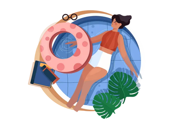 Junge Frau schwimmt Rückenschwimmen im heimischen Pool  Illustration