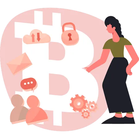 Junge Frau legt Bitcoin fest  Illustration