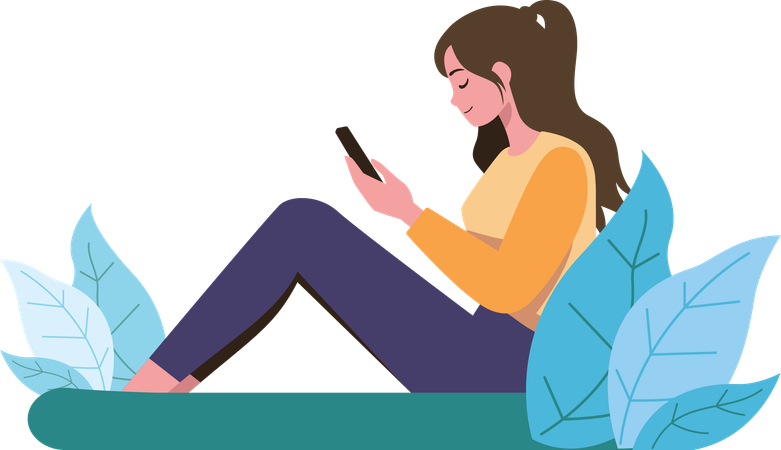 Junge Frau sitzt auf dem Boden und benutzt Telefon  Illustration