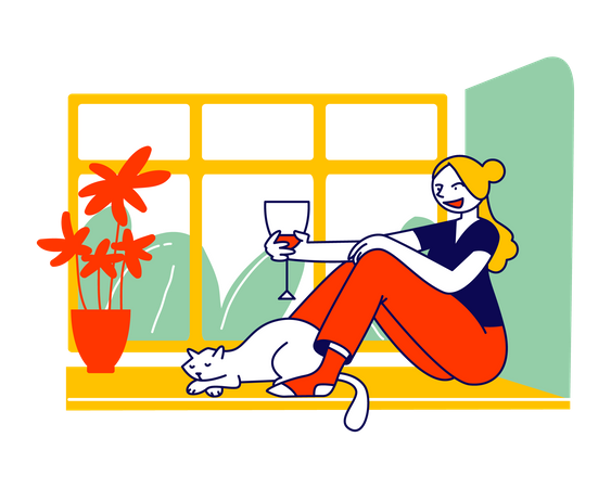 Junge Frau sitzt auf der Fensterbank mit Katze und hält ein Glas Wein  Illustration