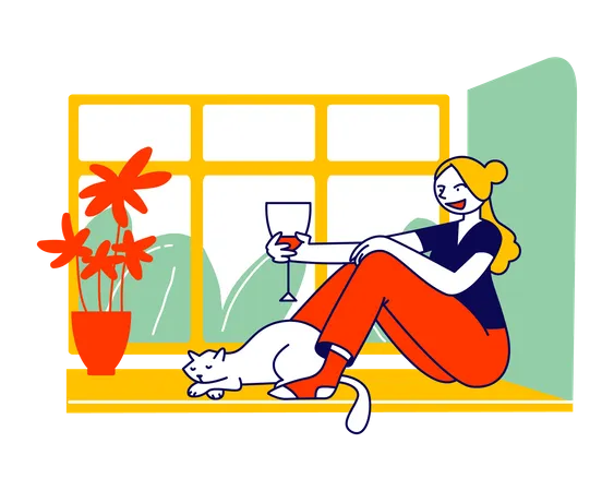 Junge Frau sitzt auf der Fensterbank mit Katze und hält ein Glas Wein  Illustration