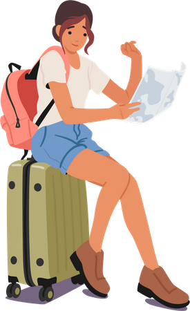 Junge Frau sitzt auf Koffer mit Karte  Illustration