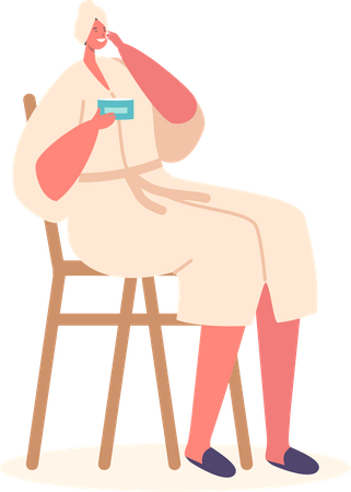 Junge Frau sitzt auf einem Stuhl und trägt eine Gesichtsmaske auf  Illustration