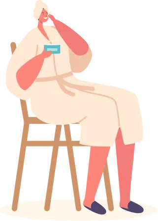 Junge Frau sitzt auf einem Stuhl und trägt eine Gesichtsmaske auf  Illustration