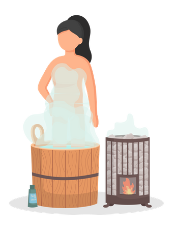 Junge Frau sitzt in der Wanne und wäscht ihren Körper in der Sauna  Illustration