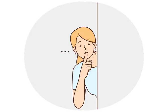 Junge Frau späht hinter die Wand und zeigt eine stille Handbewegung  Illustration