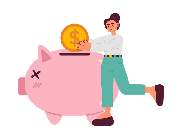 Junge Frau spart Geld im Sparschwein  Illustration