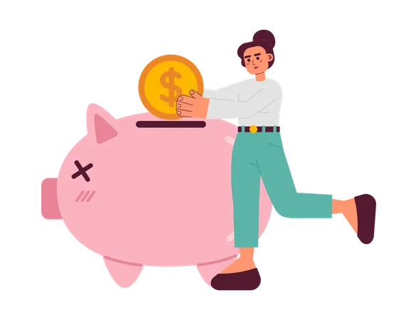 Junge Frau spart Geld im Sparschwein  Illustration