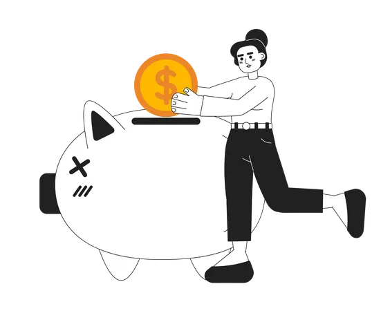 Junge Frau spart Geld im Sparschwein  Illustration