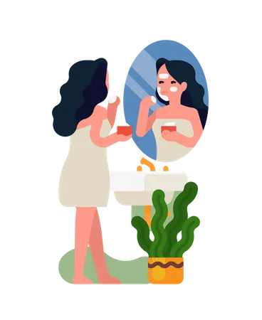 Junge erwachsene Frau trägt Hautpflegeprodukt auf ihr Gesicht auf und steht in ein Badetuch gehüllt vor dem Badezimmerspiegel  Illustration