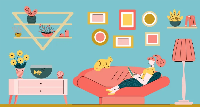 Junge Frau und Katze entspannen auf dem Sofa im Wohnzimmer  Illustration