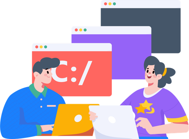 Junge Frau und Mann beim Programmieren  Illustration