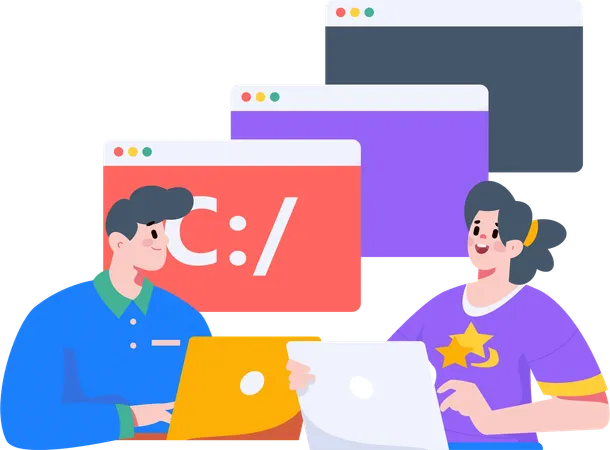 Junge Frau und Mann beim Programmieren  Illustration