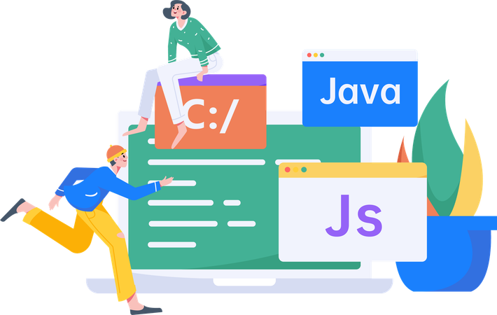 Junge Frau und Mann beim Programmieren  Illustration