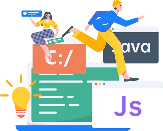 Junge Frau und Mann beim Programmieren  Illustration