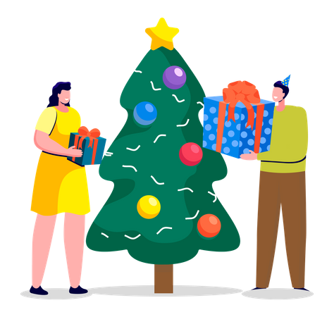 Junge Frau und Mann halten Weihnachtsgeschenk  Illustration