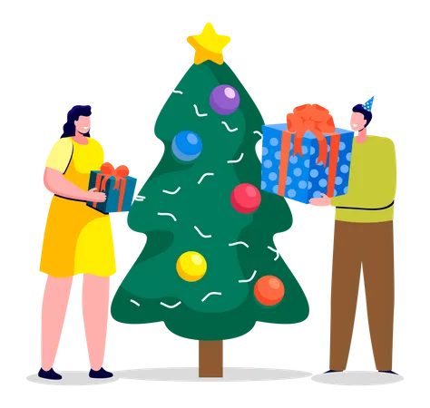 Junge Frau und Mann halten Weihnachtsgeschenk  Illustration