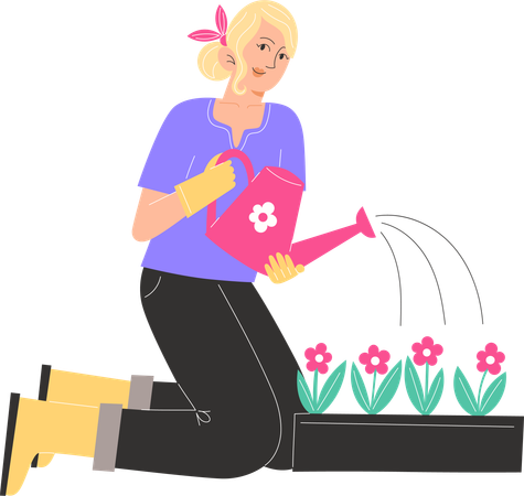 Junge Frau gießt Gartenblumentopf  Illustration