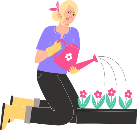 Junge Frau gießt Gartenblumentopf  Illustration