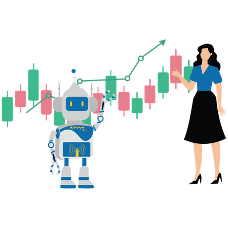 Junge Frau zeigt KI für automatisierten Handel an der Börse  Illustration