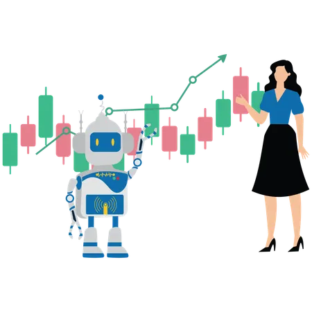 Junge Frau zeigt KI für automatisierten Handel an der Börse  Illustration