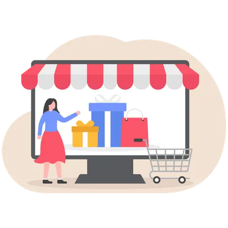 Junge Frau zeigt Online-Shopping-Geschenk  Illustration