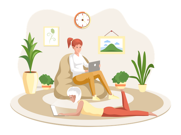 Junge freiberufliche Frauen arbeiten am Laptop  Illustration