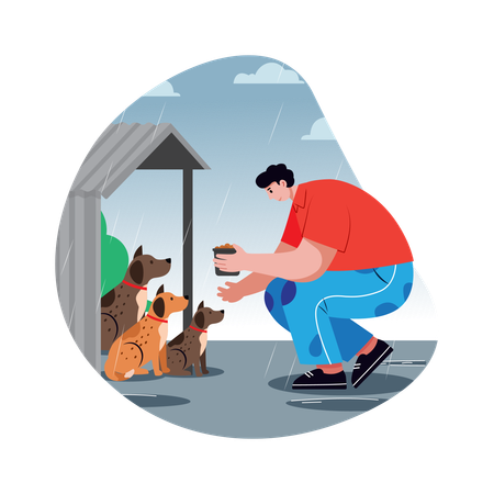 Junge füttert Tiere bei Regen  Illustration