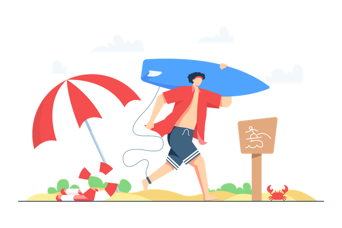 Junge geht zum Surfen am Strand  Illustration