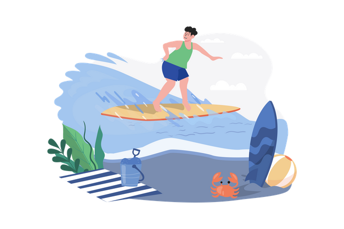 Junge geht am Strand surfen  Illustration