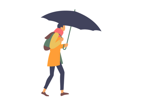 Junge läuft mit Regenschirm an regnerischen Tag  Illustration