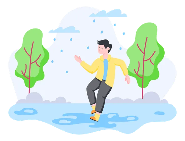 Junge genießt die Regenzeit  Illustration