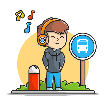 Junge genießt Musik beim Warten auf den Bus  Illustration