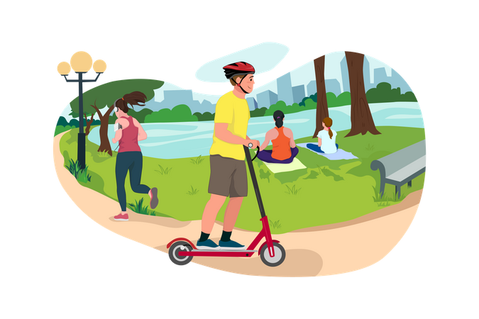 Junge genießt Rollerfahrt im Park  Illustration